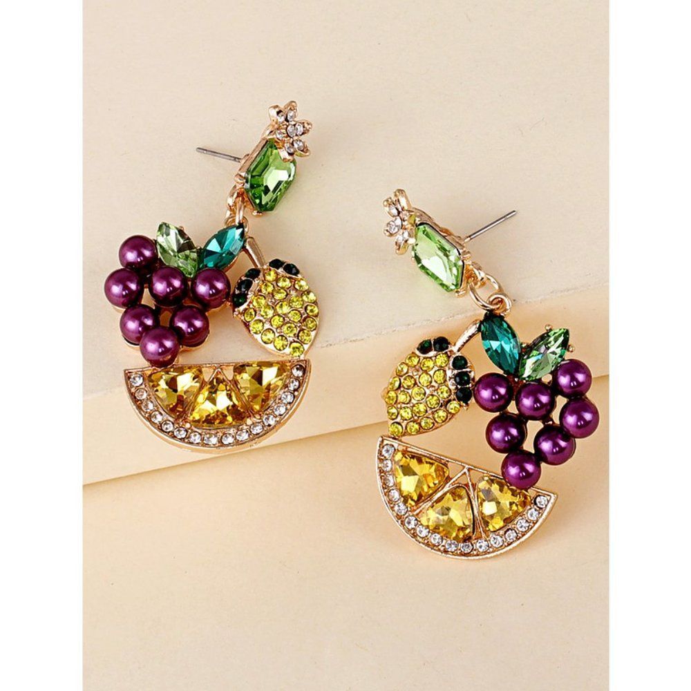 Colorful‎ Fruit Earrings RHINESTONE PEARLS YELLOW LEMON GRAPES BOHO FUN PARTY